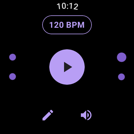 Easy Metronome on a Wear OS smartwatch showing tempo controls